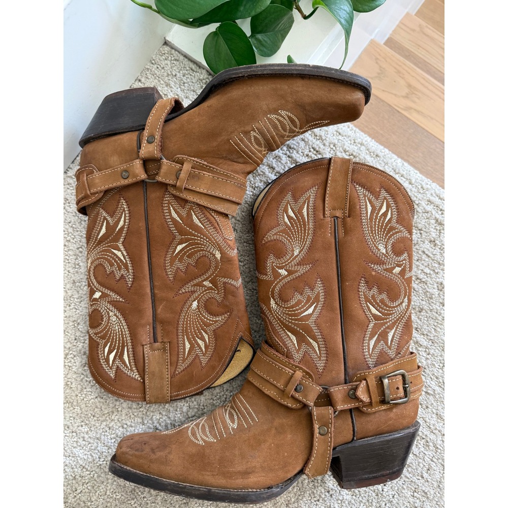 LAMAS Chaparral Western Boots Women 9 Tan Leather Harness Square Toe Embroidered
